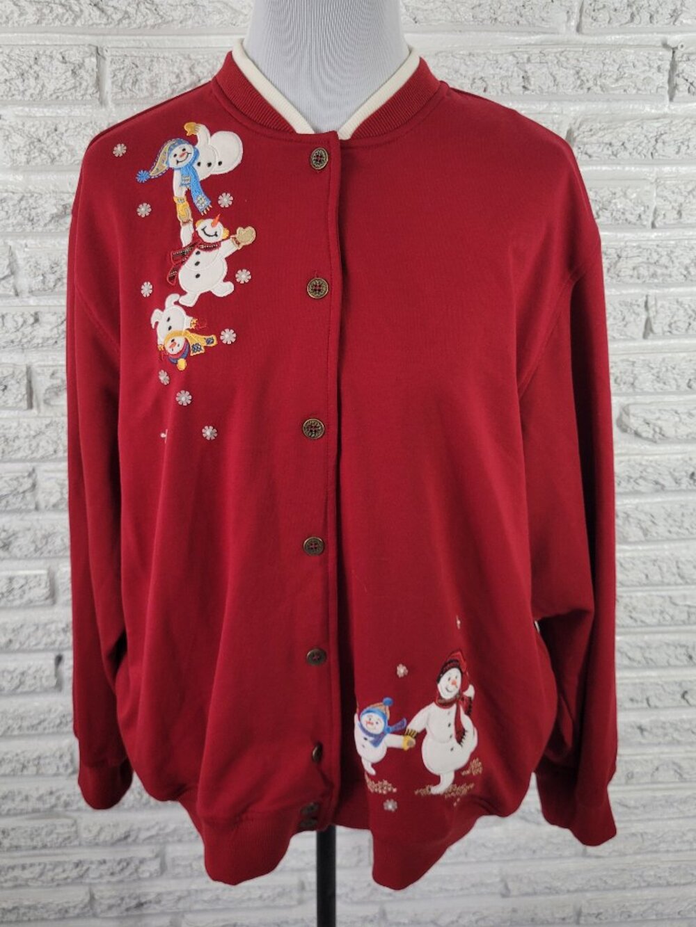 Alfred Dunner PXL Red Snowman Cardigan Sweatshirt Button Front Christmas SWE193E